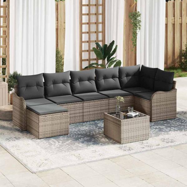 ARDEBO.de - 7-teiliges Garten Sofaset mit Kissen Schwarzes Poly Rattan, 2-Sitzer Garten Sofa mit Kissen Graues Poly Rattan