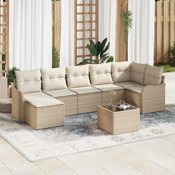 ARDEBO.de - 8-teiliges Garten Sofa Set mit Kissen Braun Poly Rattan, 2-Sitzer Garten Sofa mit Kissen Beige Poly Rattan