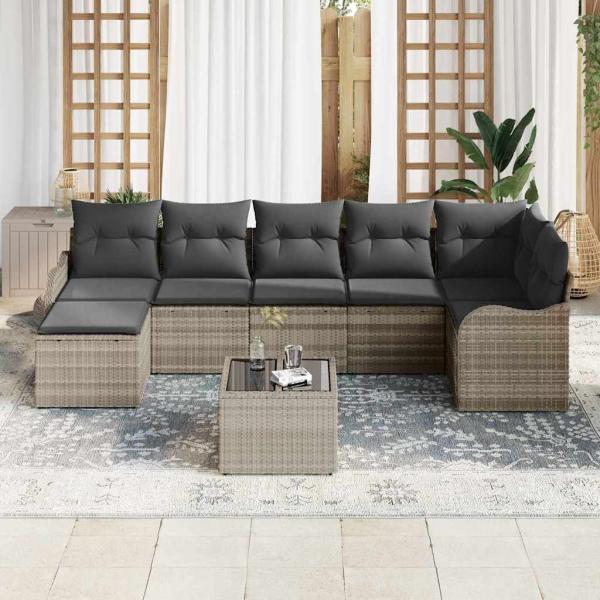 8-teiliges Garten Sofa Set mit Kissen Grau Poly Rattan, 2-Sitzer Garten Sofa mit Kissen Hellgrau Poly Rattan