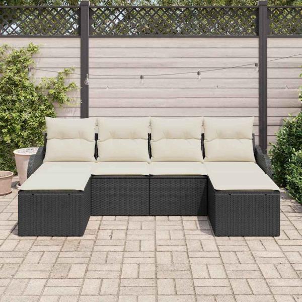 6-teilige Garten Sofa Set mit Kissen Schwarz Poly Rattan, 2-Sitzer Garten Sofa mit Kissen Schwarz Poly Rattan