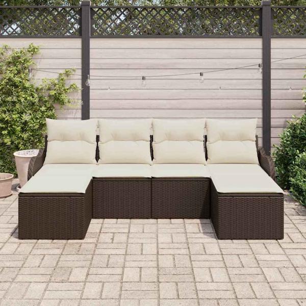 6-teilige Garten Sofa Set mit Kissen Braun Poly Rattan, 2-Sitzer Garten Sofa mit Kissen Braun Poly Rattan