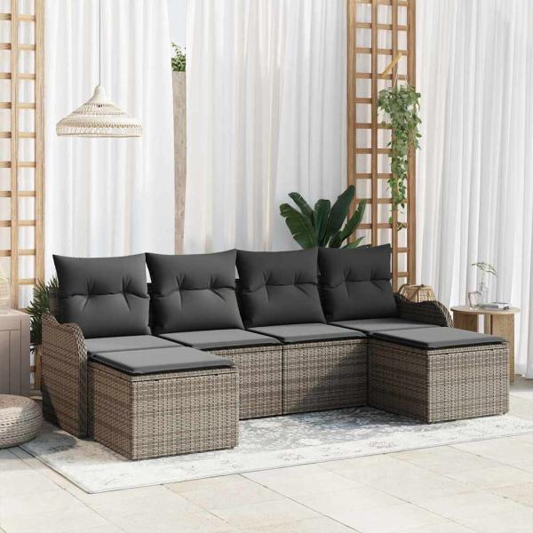 ARDEBO.de - 6-teiliges Garten Sofa Set mit Kissen Grau Poly Rattan, 2-Sitzer Garten Sofa mit Kissen Grau Poly Rattan