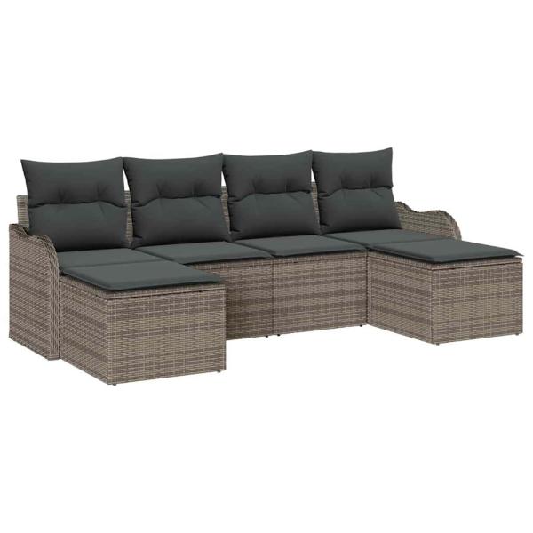 6-teiliges Garten Sofa Set mit Kissen Grau Poly Rattan, 2-Sitzer Garten Sofa mit Kissen Grau Poly Rattan