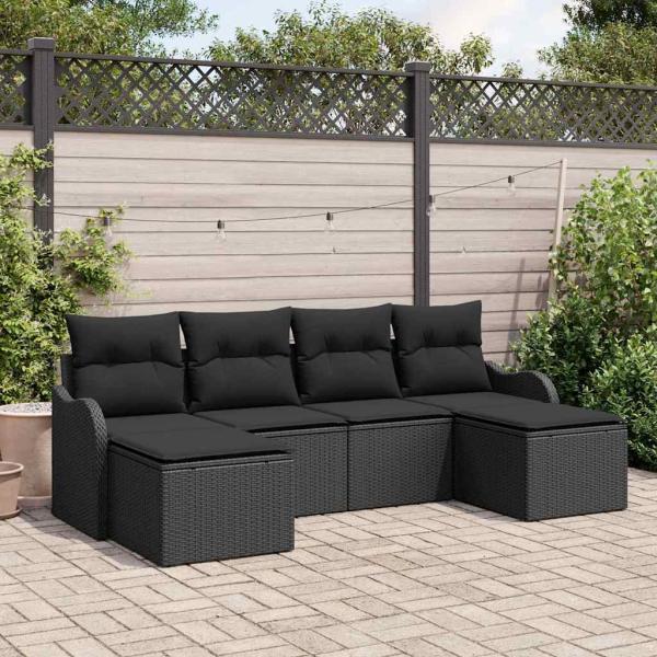 ARDEBO.de - 6-teiliges Garten-Sofa-Set mit Kissen Schwarz Poly Rattan, 2-Sitzer Garten-Sofa mit Kissen Schwarz Poly Rattan