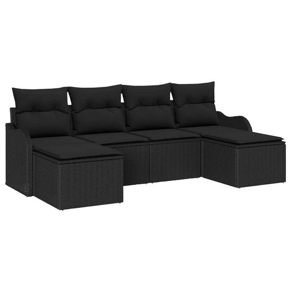 6-teiliges Garten-Sofa-Set mit Kissen Schwarz Poly Rattan, 2-Sitzer Garten-Sofa mit Kissen Schwarz Poly Rattan