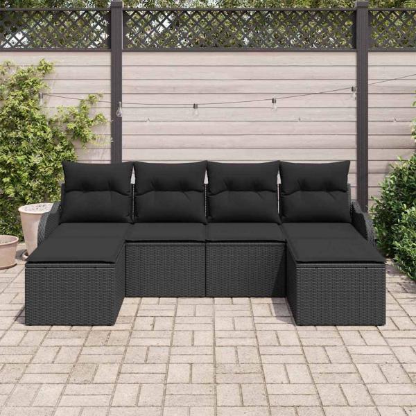 6-teiliges Garten-Sofa-Set mit Kissen Schwarz Poly Rattan, 2-Sitzer Garten-Sofa mit Kissen Schwarz Poly Rattan