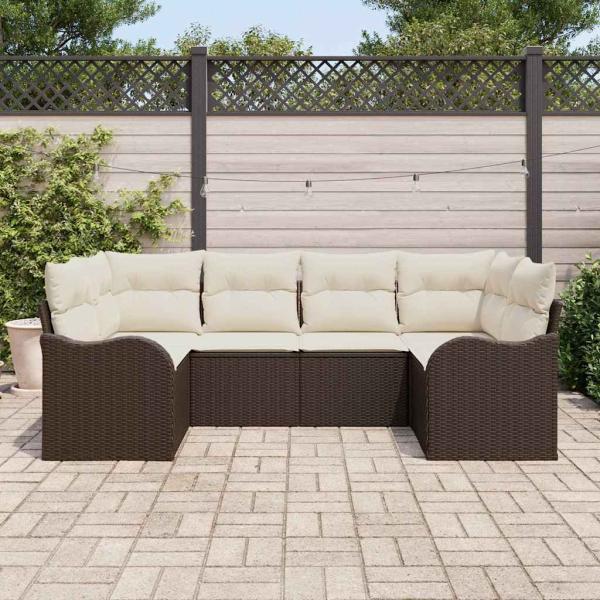 6-teiliges Garten Sofa Set mit Kissen Braun Poly Rattan, 2-Sitzer Garten Sofa mit Kissen Braun Poly Rattan