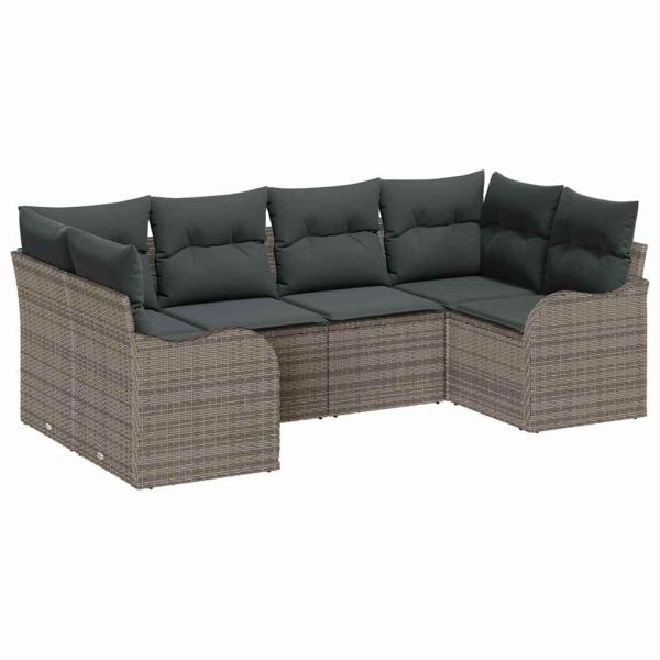 6-teiliges Garten Sofa Set mit Kissen Grau Poly Rattan, 2-Sitzer Garten Sofa mit Kissen Grau Poly Rattan