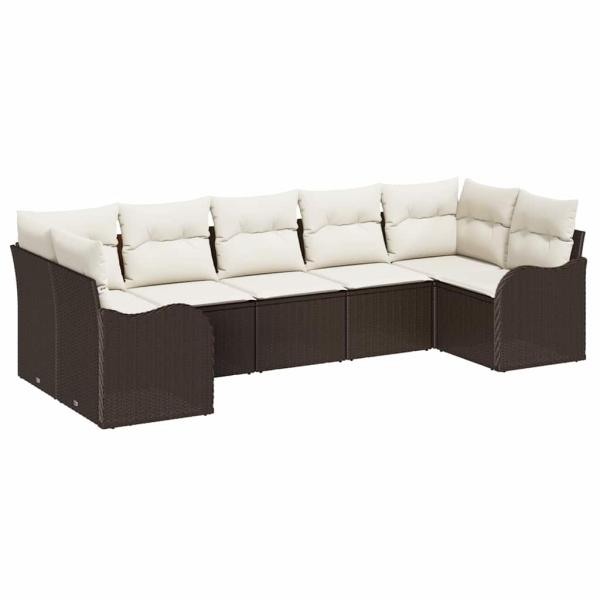 7-teiliges Garten-Sofa-Set mit Kissen Braun Poly Rattan, 2-Sitzer Garten-Sofa mit Kissen Braun Poly Rattan