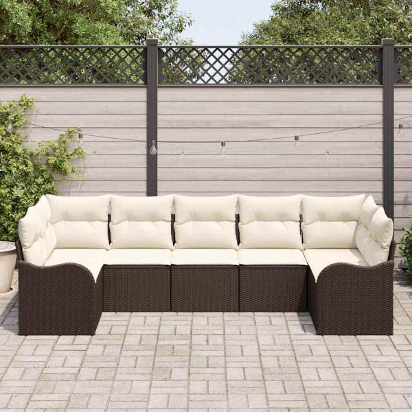 7-teiliges Garten-Sofa-Set mit Kissen Braun Poly Rattan, 2-Sitzer Garten-Sofa mit Kissen Braun Poly Rattan