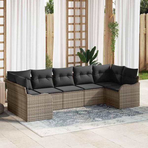 ARDEBO.de - 7-teiliges Garten-Sofa Set mit Kissen Grau Poly Rattan, 2-Sitzer Garten-Sofa mit Kissen Grau Poly Rattan