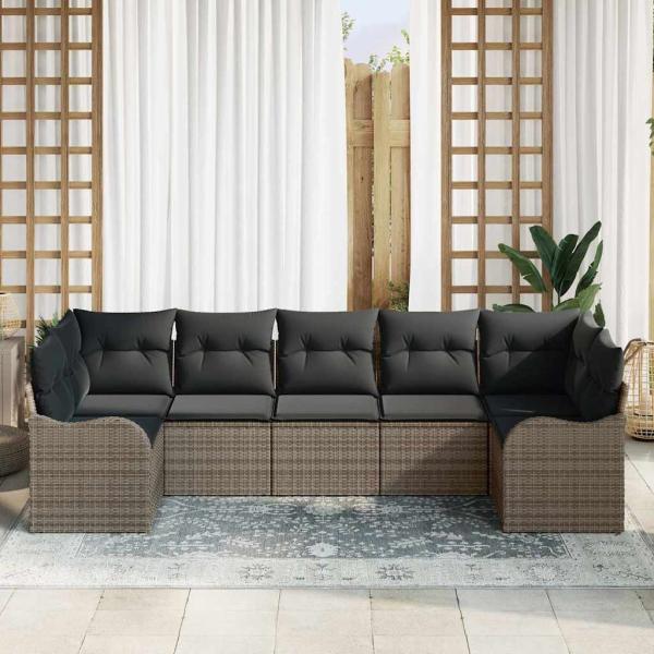 7-teiliges Garten-Sofa Set mit Kissen Grau Poly Rattan, 2-Sitzer Garten-Sofa mit Kissen Grau Poly Rattan