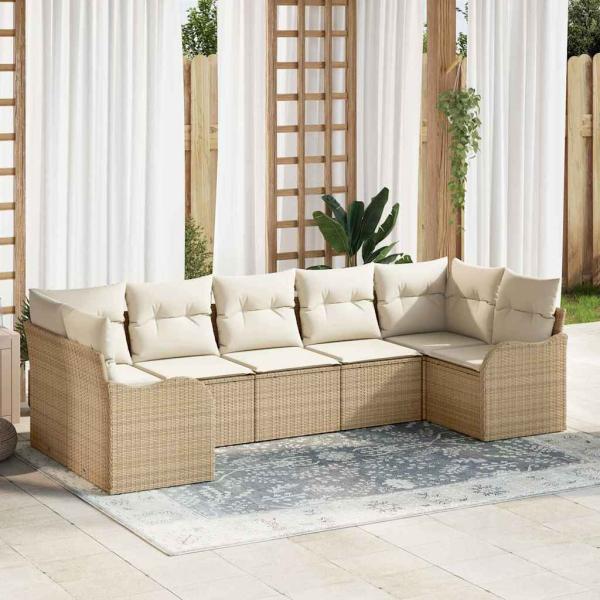 ARDEBO.de - 7-teiliges Garten Sofa Set mit Kissen Beige Poly Rattan, 2-Sitzer Garten Sofa mit Kissen Beige Poly Rattan