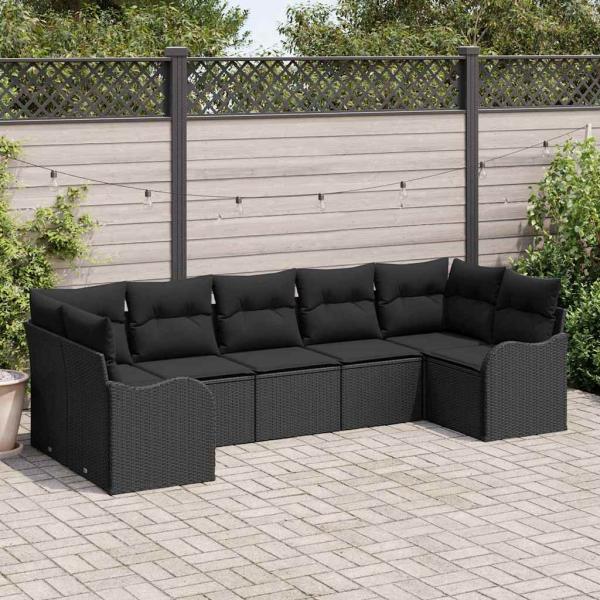 7-teilige Garten-Sofa-Gruppe mit Kissen Schwarz Poly-Rattan, 2-Sitzer Garten-Sofa mit Kissen Schwarz Poly-Rattan