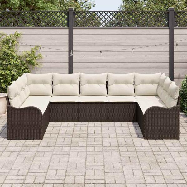 9-teilige Garten Sofa Set mit Kissen Braun Poly Rattan, 2-Sitzer Garten Sofa mit Kissen Braun Poly Rattan
