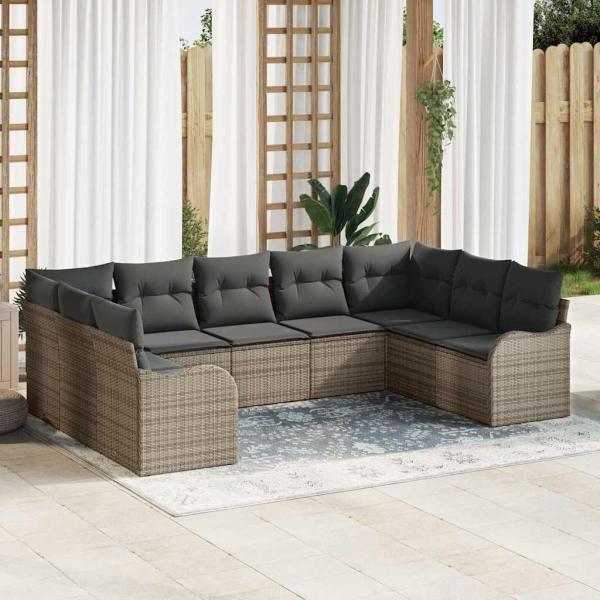 ARDEBO.de - 9-teiliges Garten Sofa Set mit Kissen Grau Poly Rattan, 2-Sitzer Garten Sofa mit Kissen Grau Poly Rattan
