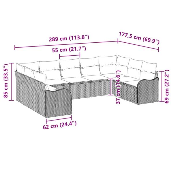9-teiliges Garten Sofa Set mit Kissen Grau Poly Rattan, 2-Sitzer Garten Sofa mit Kissen Grau Poly Rattan