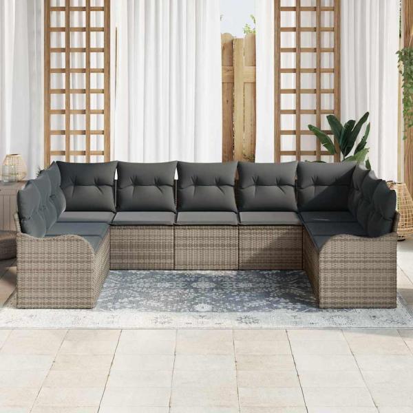 9-teiliges Garten Sofa Set mit Kissen Grau Poly Rattan, 2-Sitzer Garten Sofa mit Kissen Grau Poly Rattan