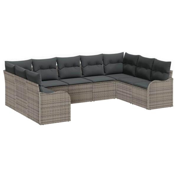 9-teiliges Garten Sofa Set mit Kissen Grau Poly Rattan, 2-Sitzer Garten Sofa mit Kissen Grau Poly Rattan