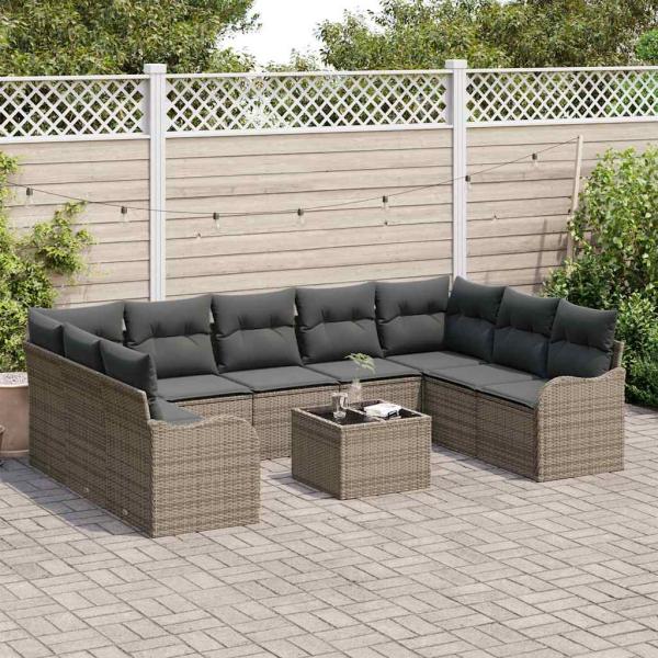 9-teiliges Garten-Sofa-Set mit Kissen Schwarz Poly Rattan, 2-Sitzer Garten-Sofa mit Kissen Grau Poly Rattan