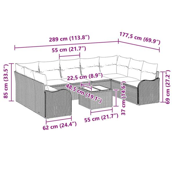 9-teiliges Garten-Sofa-Set mit Kissen Schwarz Poly Rattan, 2-Sitzer Garten-Sofa mit Kissen Grau Poly Rattan