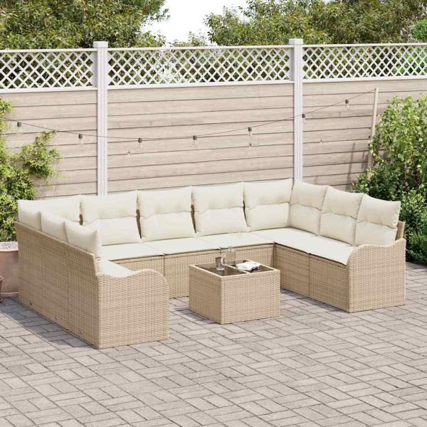 10-teiliges Garten Sofa Set mit Kissen in Braun aus Poly Rattan, 2-Sitzer Garten Sofa mit Kissen in Beige aus Poly Rattan