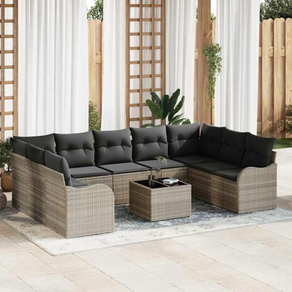 ARDEBO.de - 10-teiliges Garten-Sofa-Set mit Kissen Grau Poly Rattan, 2-Sitzer Garten-Sofa mit Kissen Hellgrau Poly Rattan