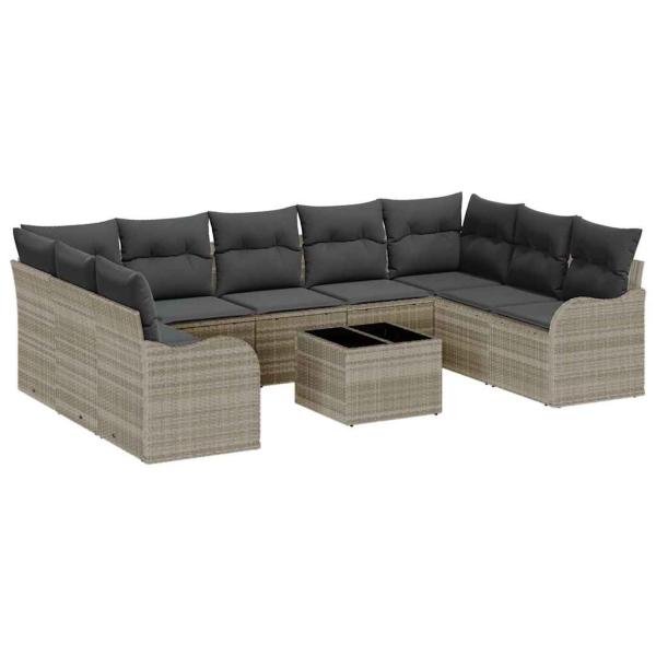10-teiliges Garten-Sofa-Set mit Kissen Grau Poly Rattan, 2-Sitzer Garten-Sofa mit Kissen Hellgrau Poly Rattan
