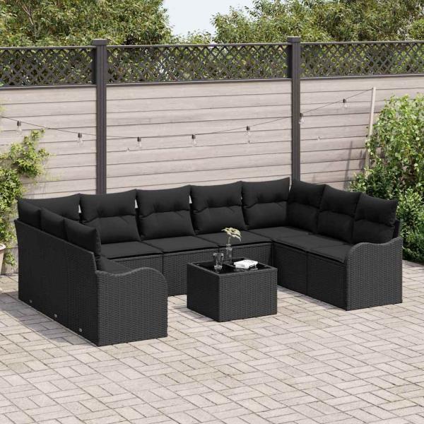 10-teiliges Garten-Sofa-Set mit Kissen Beige Poly Rattan, 2-Sitzer Garten-Sofa mit Kissen Schwarz Poly Rattan