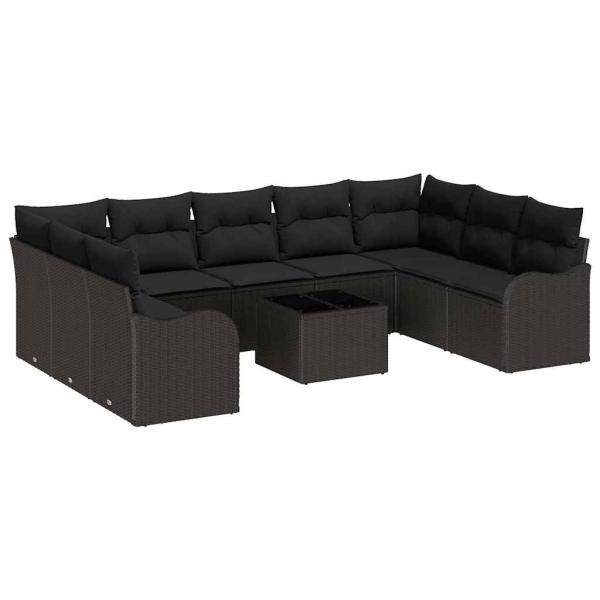 10-teiliges Garten-Sofa-Set mit Kissen Beige Poly Rattan, 2-Sitzer Garten-Sofa mit Kissen Schwarz Poly Rattan