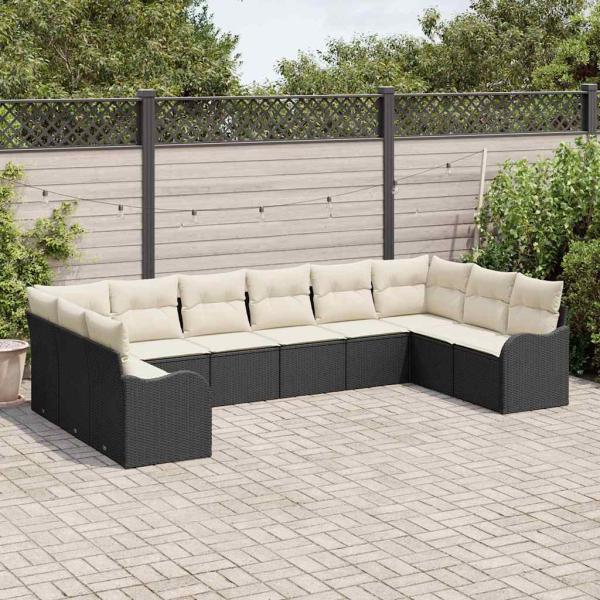 10-teilige Garten Sofa Set mit Kissen Schwarz Poly Rattan, 2-Sitzer Garten Sofa mit Kissen Schwarz Poly Rattan