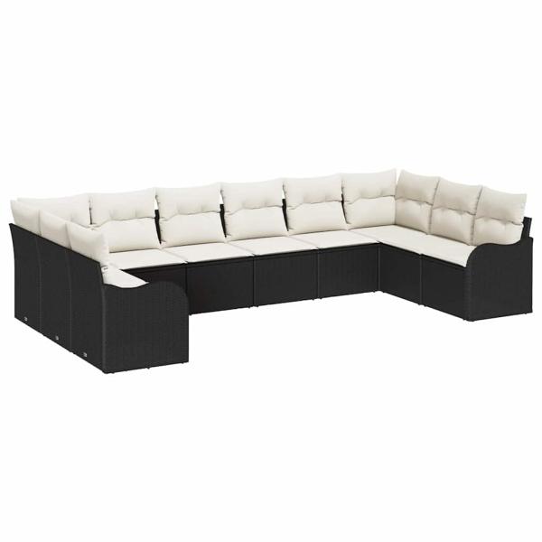10-teilige Garten Sofa Set mit Kissen Schwarz Poly Rattan, 2-Sitzer Garten Sofa mit Kissen Schwarz Poly Rattan