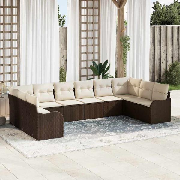 ARDEBO.de - 10-teiliges Garten Sofa Set mit Kissen in Braun Poly Rattan, 2-Sitzer Garten Sofa mit Kissen in Braun Poly Rattan