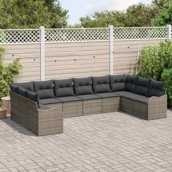 10-teiliges Garten Sofa Set mit Kissen Grau Poly Rattan, 2-Sitzer Garten Sofa mit Kissen Grau Poly Rattan
