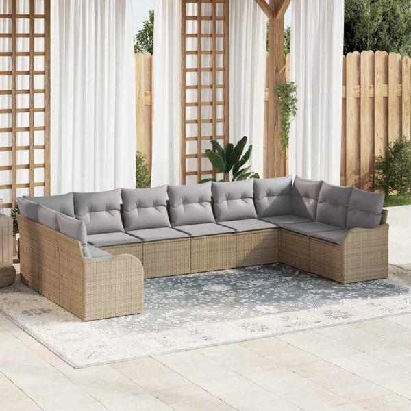 ARDEBO.de - 10-teiliges Garten Sofa Set mit Kissen Beige Poly Rattan, 2-Sitzer Garten Sofa mit Kissen Beige Poly Rattan