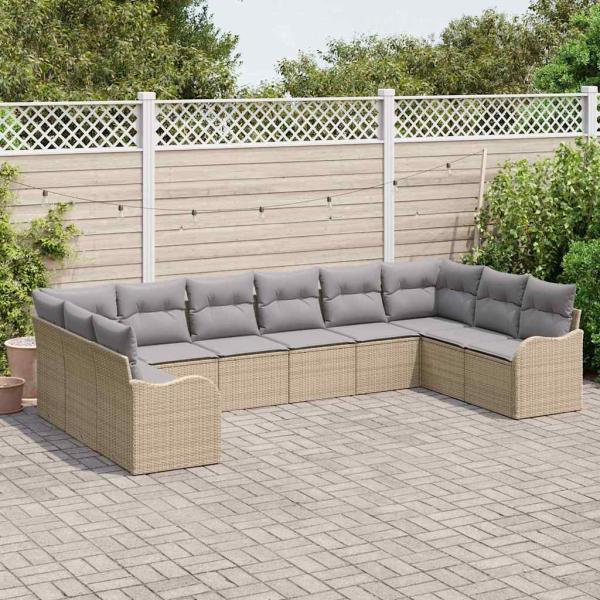 10-teiliges Garten Sofa Set mit Kissen Beige Poly Rattan, 2-Sitzer Garten Sofa mit Kissen Beige Poly Rattan
