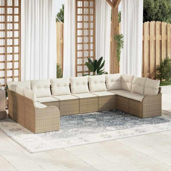 ARDEBO.de - 10-teiliges Garten-Sofa Set mit Kissen Beiger Poly-Rattan, 2-Sitzer Garten-Sofa mit Kissen Beiger Poly-Rattan