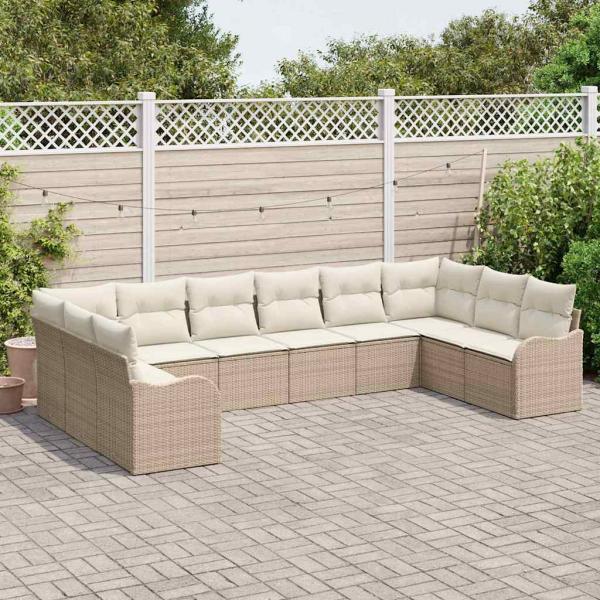 10-teiliges Garten-Sofa Set mit Kissen Beiger Poly-Rattan, 2-Sitzer Garten-Sofa mit Kissen Beiger Poly-Rattan