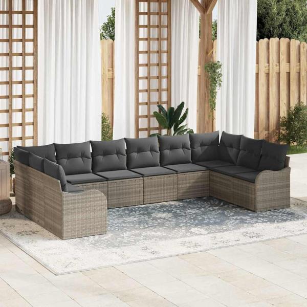 ARDEBO.de - 10-teiliges Garten Sofa Set mit Kissen Hellgrau Poly-Rattan, 2-Sitzer Garten Sofa mit Kissen Hellgrau Poly-Rattan