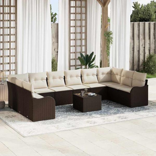 ARDEBO.de - 10-teiliges Garten Sofa Set mit Kissen Grau Poly Rattan, 2-Sitzer Garten Sofa mit Kissen Braun Poly Rattan