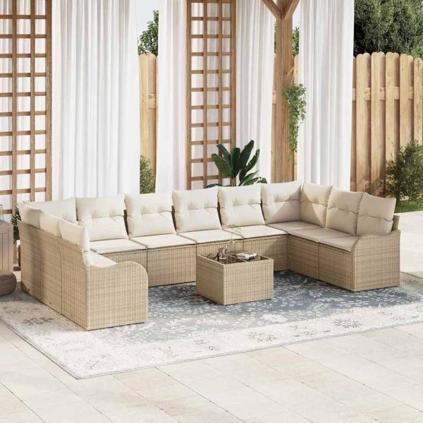 ARDEBO.de - 11-teiliges Garten Sofa Set mit Kissen Braun Poly Rattan, 2-Sitzer Garten Sofa mit Kissen Beige Poly Rattan