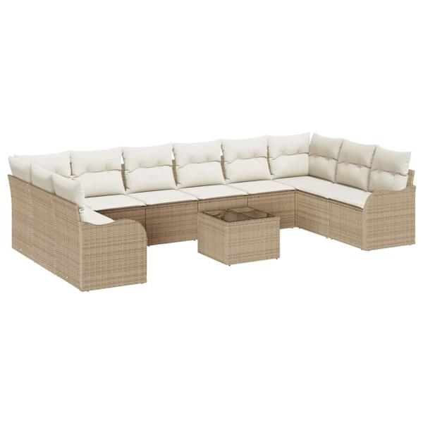 11-teiliges Garten Sofa Set mit Kissen Braun Poly Rattan, 2-Sitzer Garten Sofa mit Kissen Beige Poly Rattan