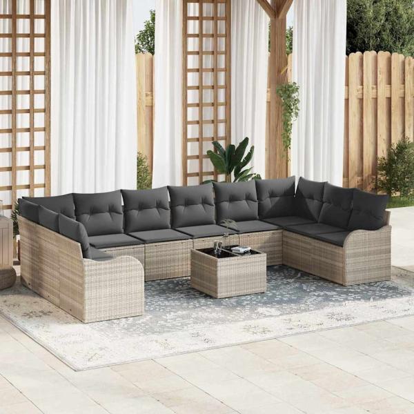 ARDEBO.de - 11-teiliges Garten-Sofa-Set mit Kissen grau Poly-Rattan, 2-Sitzer Garten-Sofa mit Kissen hellgrau Poly-Rattan