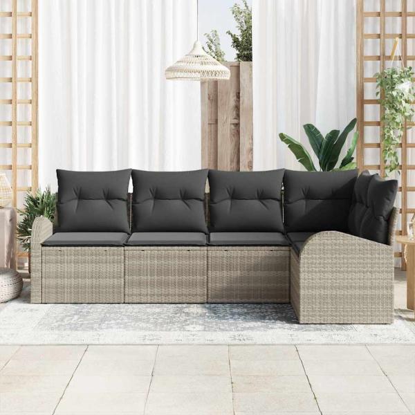 5-teiliges Garten Sofa Set mit Kissen Lichtgrau Poly-Rattan