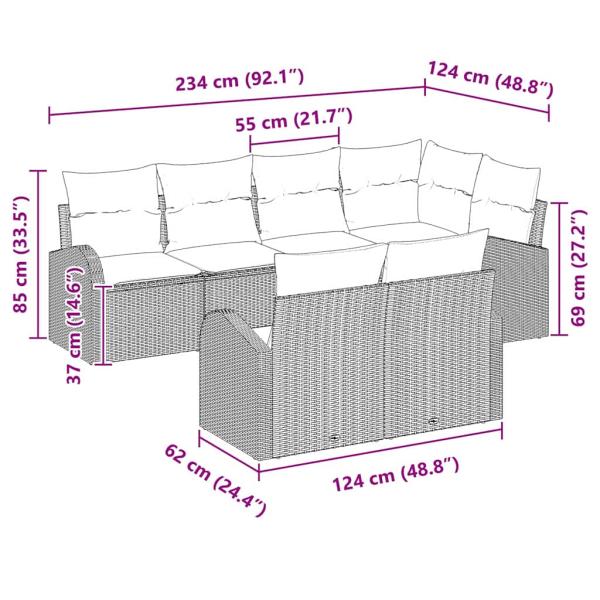 7-teiliges Garten Sofa Set mit Kissen Schwarz Poly Rattan
