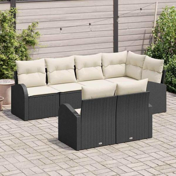7-teiliges Garten Sofa Set mit Kissen Schwarz Poly Rattan