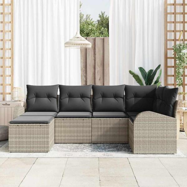 6-teiliges Garten Sofa Set mit Kissen Hellgrau Poly Rattan