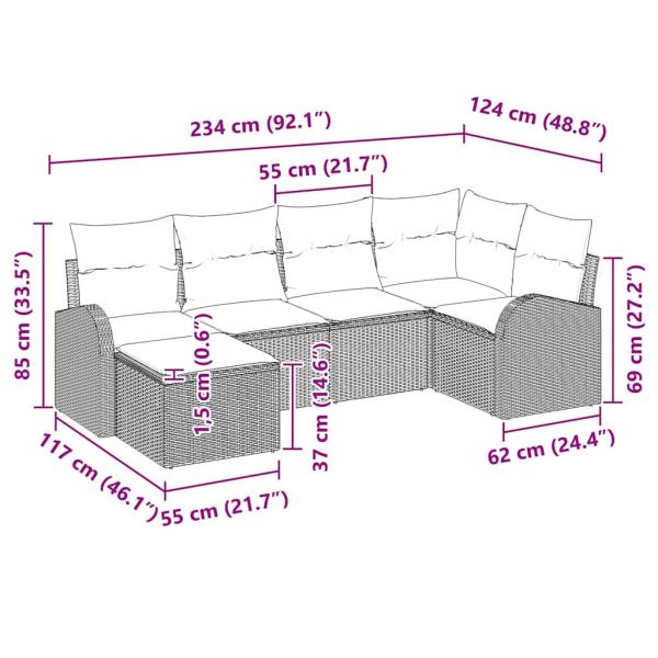 6-teiliges Garten Sofa Set mit Kissen Hellgrau Poly Rattan