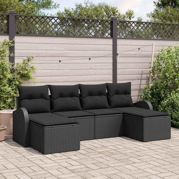 ARDEBO.de - 6-teiliges Garten-Sofa-Set mit Kissen Schwarz Poly-Rattan