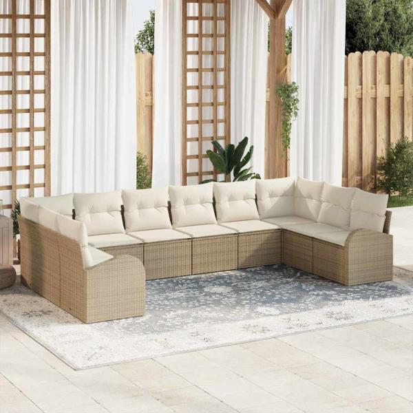 ARDEBO.de - 10-teiliges Garten Sofa Set mit Kissen Beige Poly Rattan